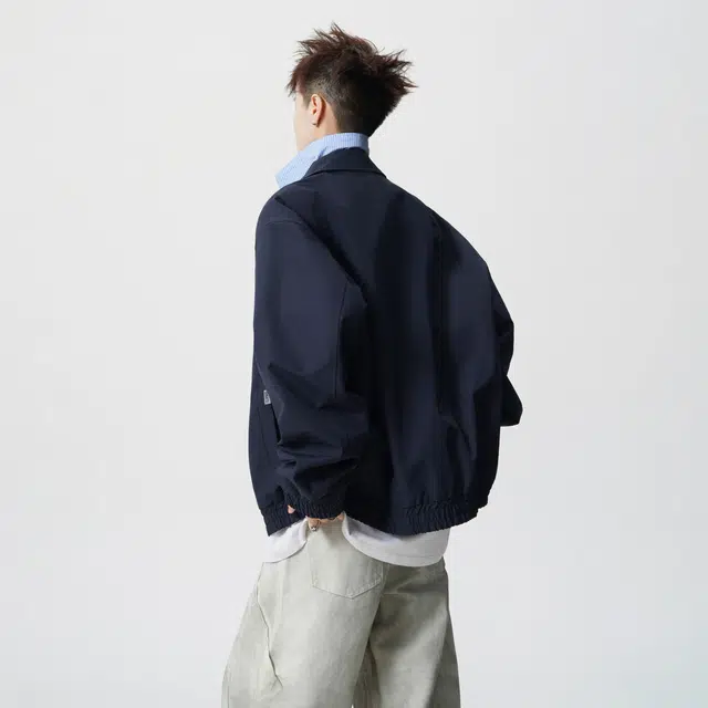 蓝精灵 美式高街潮牌简约基础款纯色条纹假两件双层翻领高级感慵懒风松弛感个性潮流百搭青春帅气时尚舒适日常通勤休闲夹克外套 男女同款