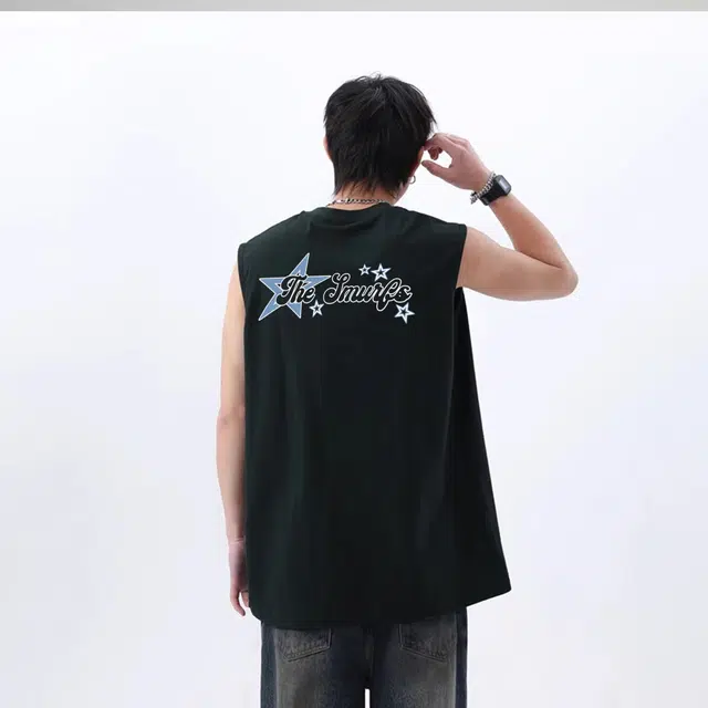 蓝精灵 美式经典纯棉吸汗透气健身运动星星背面印花夏季薄款基础宽松垂感篮球通勤沙滩无袖背心 男女同款