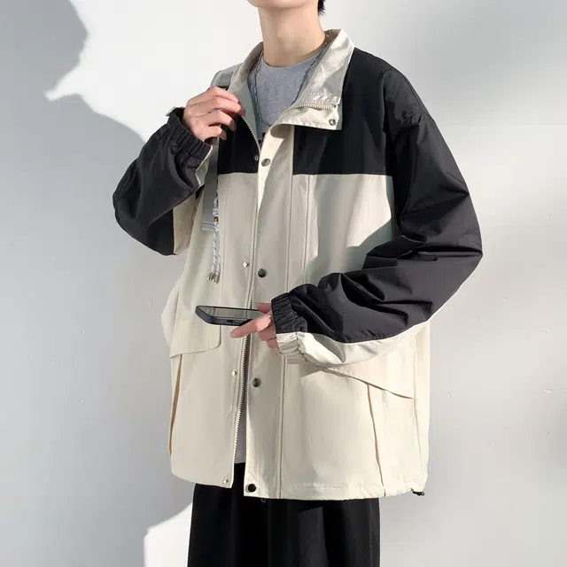 蓝精灵  防风防水户外机能风美式高街潮牌复古撞色拼接休闲翻领拉链开衫外套帅气情侣潮流百搭宽松飞行员教练山系夹克 男女同款