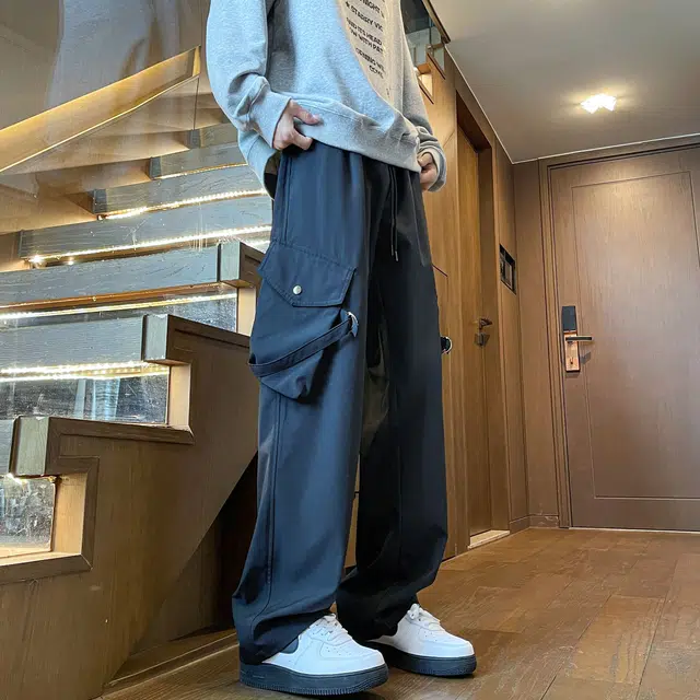 蓝精灵  美式高街潮牌纯色基础款简约显高显瘦帅气舒适城市户外机能风日常通勤情侣潮流百搭宽松直筒阔腿垂感休闲大口袋工装裤 男女同款
