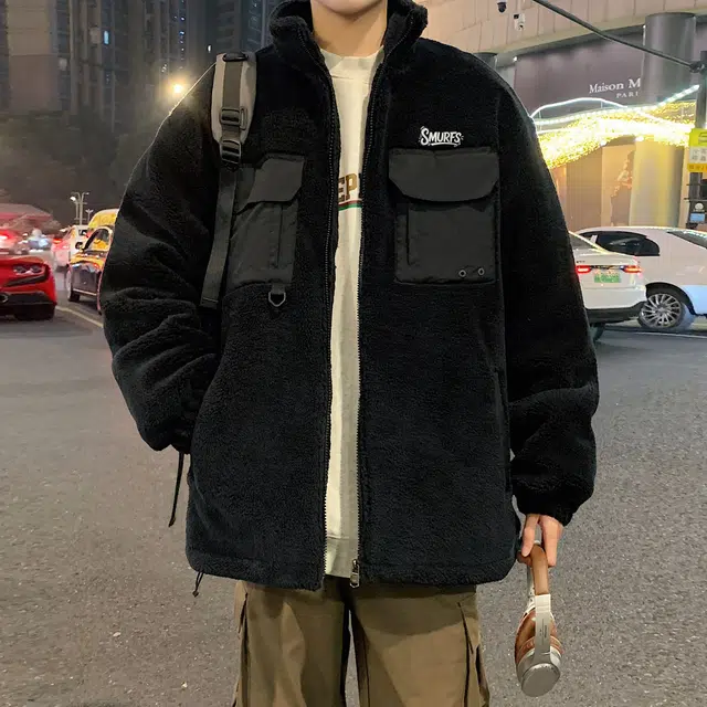 蓝精灵 显高显瘦羊羔毛加绒加厚保暖棉衣美式高街潮牌复古简约纯色休闲宽松棉袄子防风防寒休闲外套情侣潮流百搭帅气棉服 男女同款