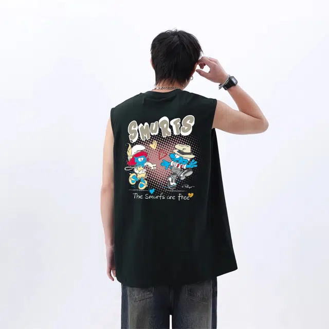 蓝精灵 跳跃舞蹈活泼浪漫童趣美式街头潮流嘻哈纯色纯棉圆领舒适字母印花宽松垂感落肩袖百搭无袖背心 男女同款