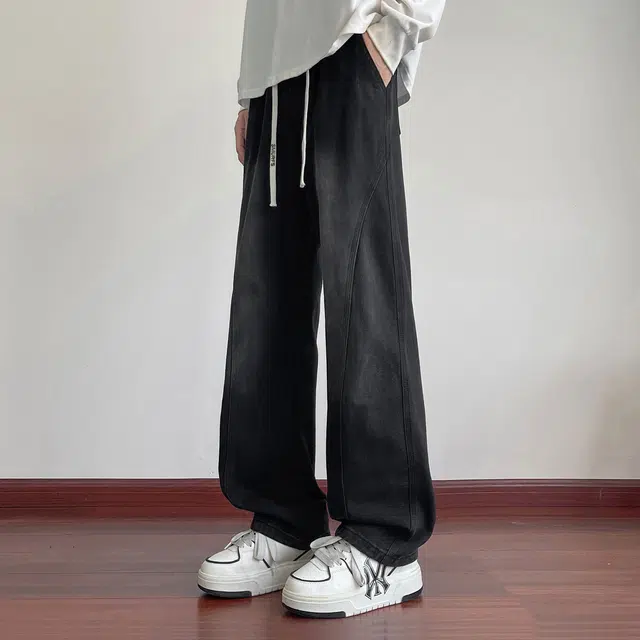 蓝精灵 巴黎柳叶弯刀显高显瘦垂感美式高街潮牌复古水洗做旧渐变简约情侣潮流百搭帅气柔软舒适亲肤宽松直筒阔腿牛仔裤 男女同款