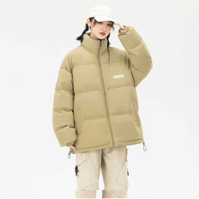 蓝精灵 假两件宽松加绒加厚潮牌卡通动漫棉服 男女同款 黑色