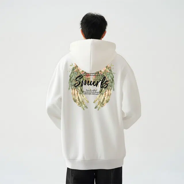 蓝精灵 美式高街植物花卉翅膀字母图案印花宽松休闲上衣潮流时尚百搭少年风二粒扣连帽卫衣 男女同款