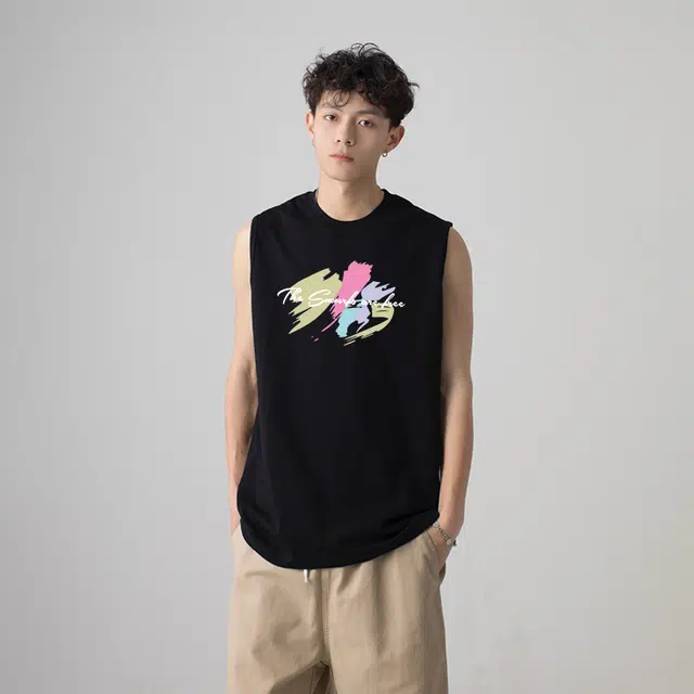 蓝精灵 美式经典纯棉涂鸦印花健身运动基础宽松薄款吸汗透气垂感打底衫篮球通勤沙滩无袖背心 男女同款