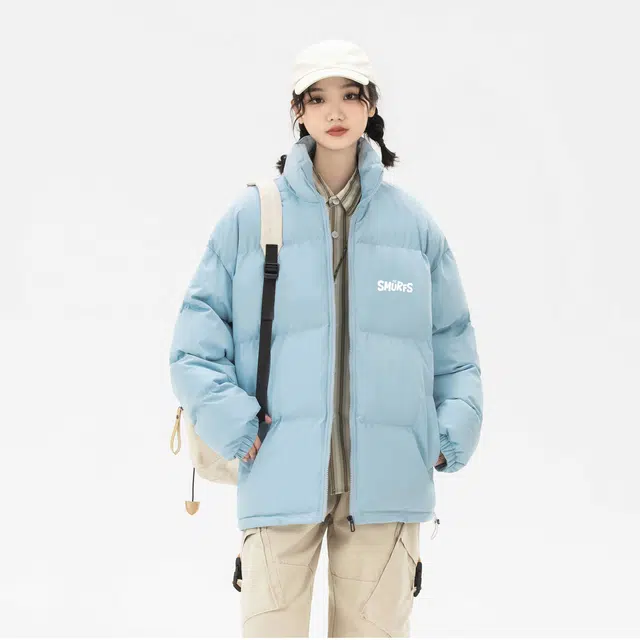 蓝精灵 假两件宽松加绒加厚潮牌卡通动漫棉服 男女同款 黑色