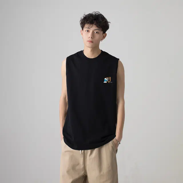 蓝精灵 美式经典纯棉印花夏季基础宽松垂感打底衫篮球通勤薄款吸汗透气健身运动沙滩无袖背心 男女同款