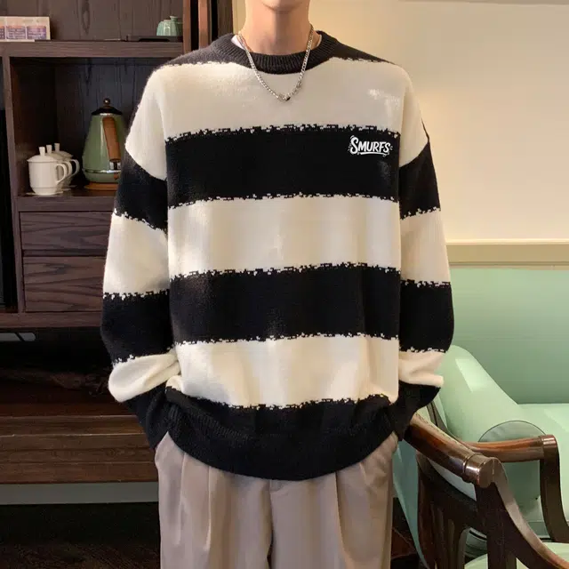 蓝精灵 显高显瘦遮肉美式高街潮牌简约条纹拼色慵懒风软糯保暖圆领套头毛线衣宽松舒适亲肤情侣潮流百搭时尚日常通勤休闲针织衫 男女同款