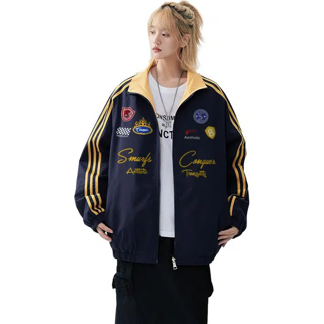 【Cleanfit棒球风】蓝精灵 潮流教练服勋章拼接嘻哈撞色双面穿立领秋冬运动机车风拉链休闲防风防溅水夹克外套 男女同款