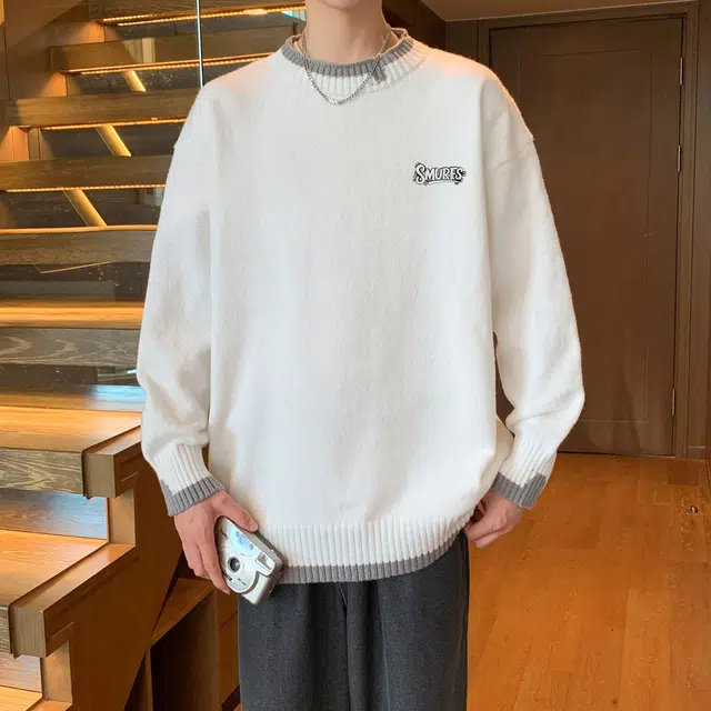 蓝精灵 显高显瘦遮肉美式高街潮牌纯色简约拼色慵懒风松弛感圆领套头毛线衣宽松舒适柔软亲肤潮流百搭日常通勤软糯保暖针织衫 男女同款