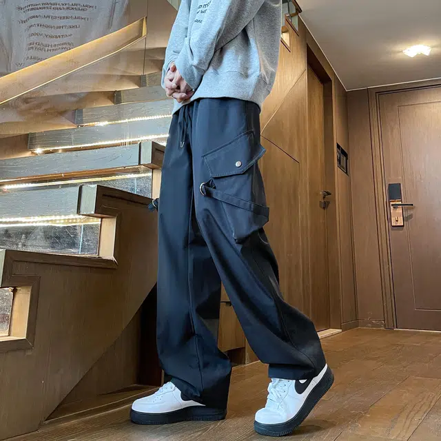蓝精灵  美式高街潮牌纯色基础款简约显高显瘦帅气舒适城市户外机能风日常通勤情侣潮流百搭宽松直筒阔腿垂感休闲大口袋工装裤 男女同款