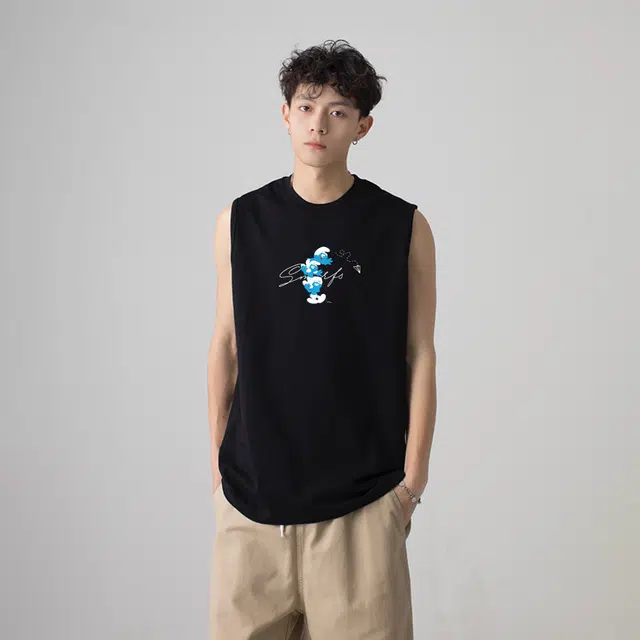 蓝精灵 美式潮流舒适休闲时尚卡通角色涂鸦印花学院风纯棉宽松透气无袖背心 男女同款