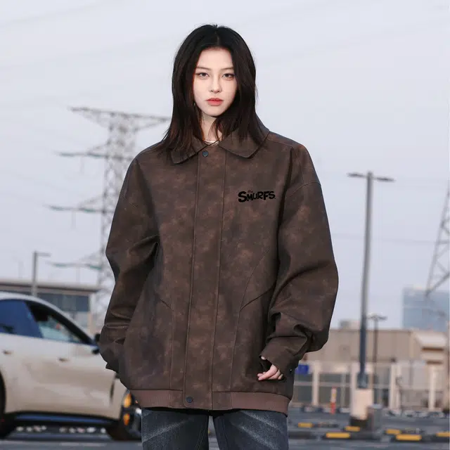 蓝精灵 美式机车风做旧水洗皮衣美拉德色系宽松复古翻领擦色皮夹克外套 男女同款
