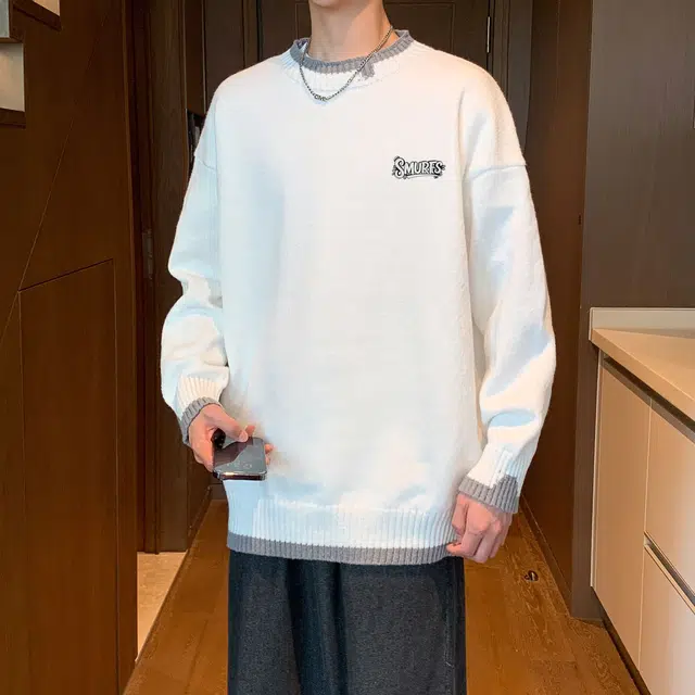 蓝精灵 显高显瘦遮肉美式高街潮牌纯色简约拼色慵懒风松弛感圆领套头毛线衣宽松舒适柔软亲肤潮流百搭日常通勤软糯保暖针织衫 男女同款