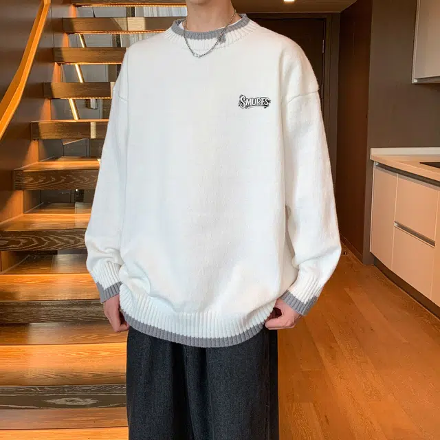 蓝精灵 显高显瘦遮肉美式高街潮牌纯色简约拼色慵懒风松弛感圆领套头毛线衣宽松舒适柔软亲肤潮流百搭日常通勤软糯保暖针织衫 男女同款