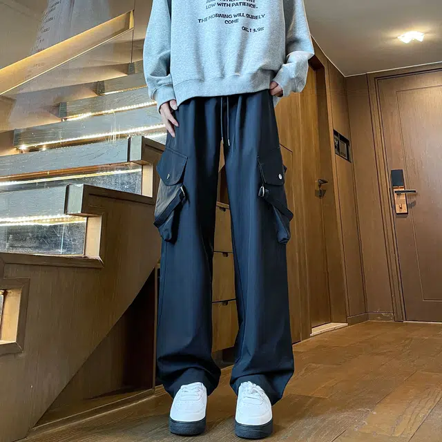 蓝精灵  美式高街潮牌纯色基础款简约显高显瘦帅气舒适城市户外机能风日常通勤情侣潮流百搭宽松直筒阔腿垂感休闲大口袋工装裤 男女同款