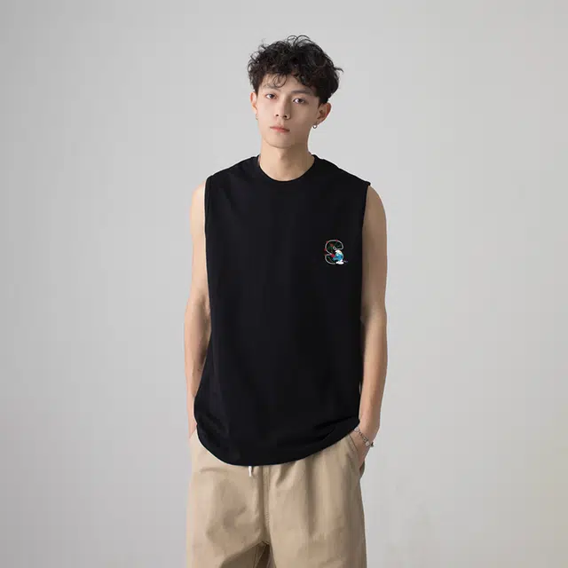蓝精灵 美式经典健身运动纯棉小印花基础宽松垂感打底衫篮球薄款吸汗透气通勤沙滩无袖背心 男女同款