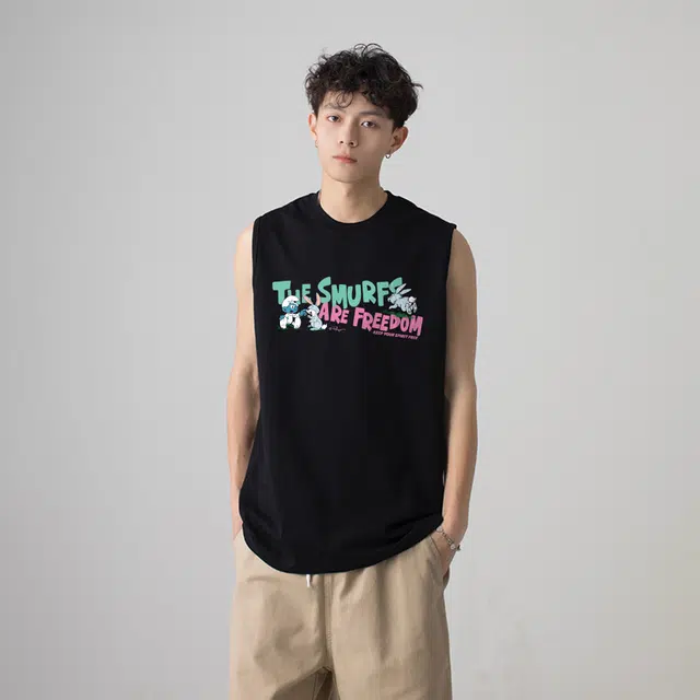 蓝精灵 美式经典纯棉透气健身运动基础宽松垂感打底衫篮球小印花薄款吸汗通勤沙滩无袖背心 男女同款