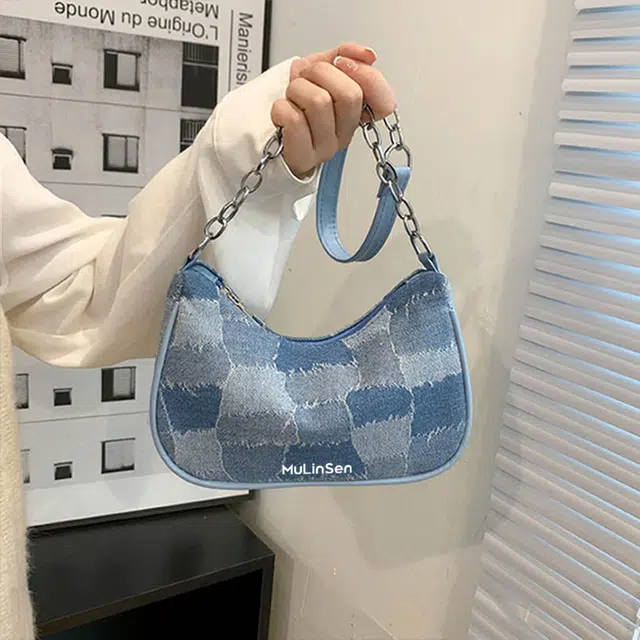 木林森 法式小众链条高级百搭复古 牛仔布 单肩包 女款 蓝色