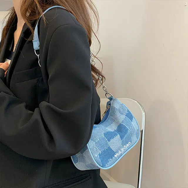 木林森 法式小众链条高级百搭复古 牛仔布 单肩包 女款 蓝色