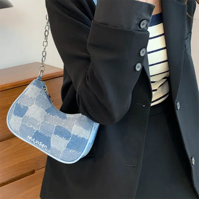 木林森 法式小众链条高级百搭复古 牛仔布 单肩包 女款 蓝色