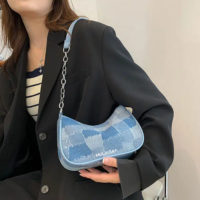 木林森 法式小众链条高级百搭复古 牛仔布 单肩包 女款 蓝色