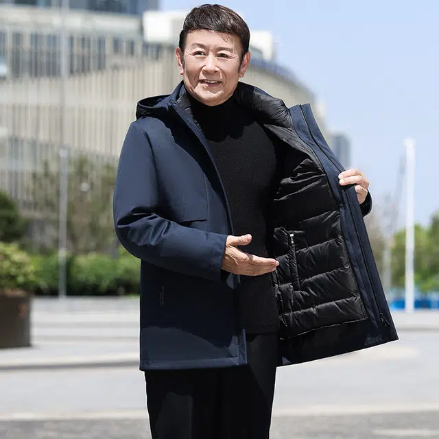 鸭鸭 鹅绒三合一系列 中老年爸爸装纯色商务休闲百搭拆卸帽中长款羽绒服 男款