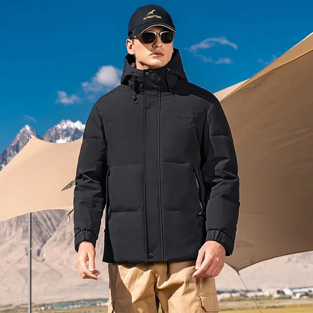 鸭鸭 石墨烯蓄热系列 青中年纯色商务休闲百搭短款连帽户外防寒保暖工装羽绒服 男款