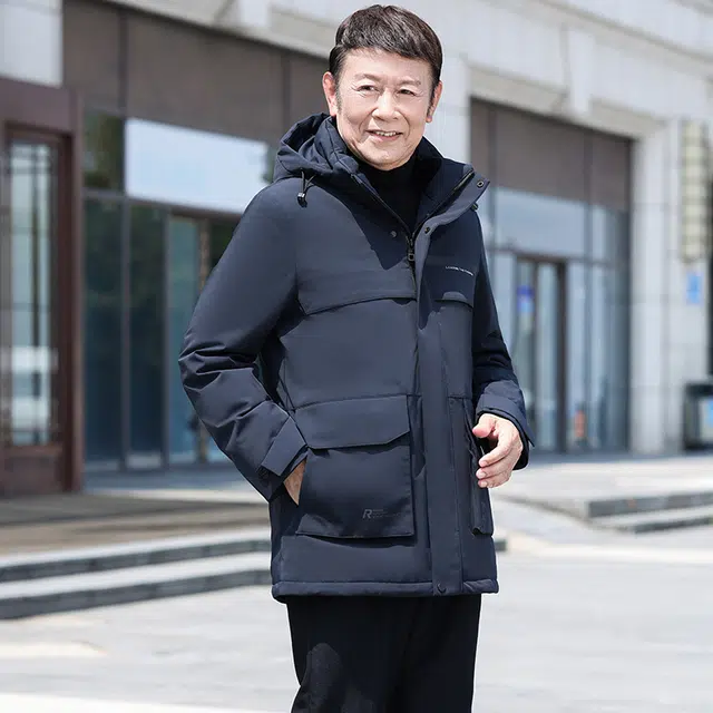 鸭鸭 鹅绒系列中老年爸爸装纯色商务休闲百搭拆卸连帽户外防寒保暖工装中长款羽绒服 男款