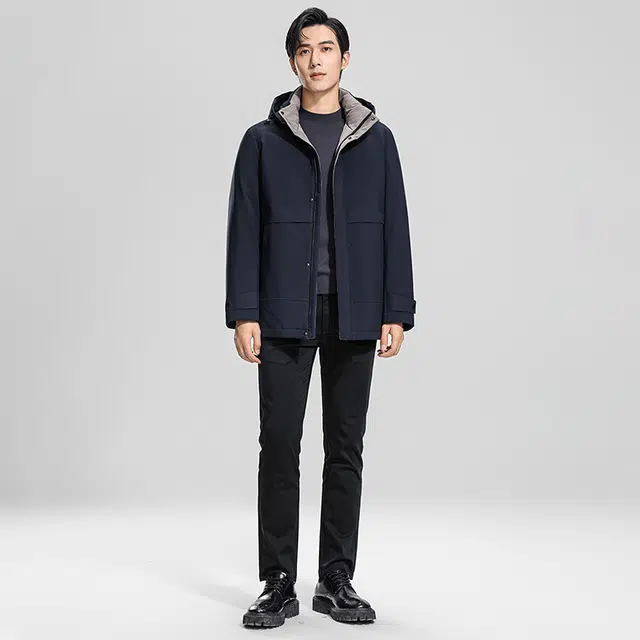 鸭鸭 纯色商务休闲连帽中长款羽绒服 男款 虾青色