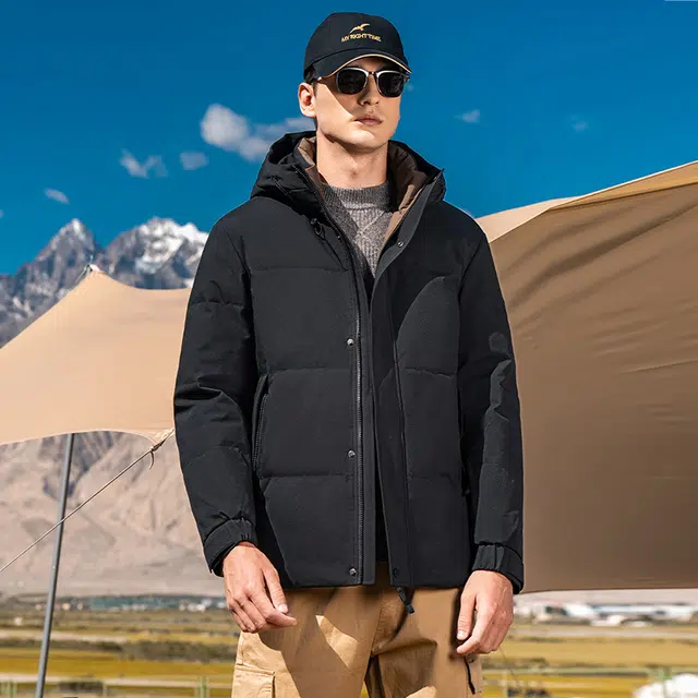 鸭鸭 石墨烯蓄热系列 青中年纯色商务休闲百搭短款连帽户外防寒保暖工装羽绒服 男款