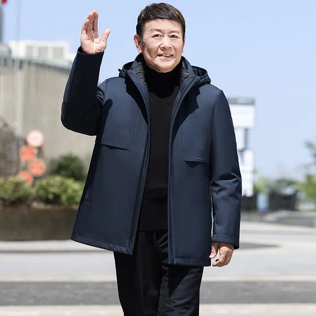鸭鸭 鹅绒三合一系列 中老年爸爸装纯色商务休闲百搭拆卸帽中长款羽绒服 男款
