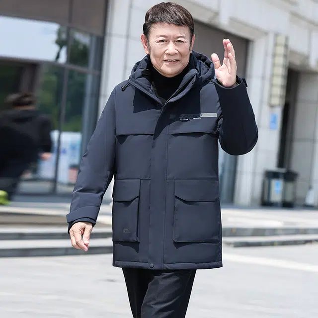 鸭鸭 鹅绒系列中老年爸爸装纯色商务休闲百搭拆卸连帽户外防寒保暖工装中长款羽绒服 男款