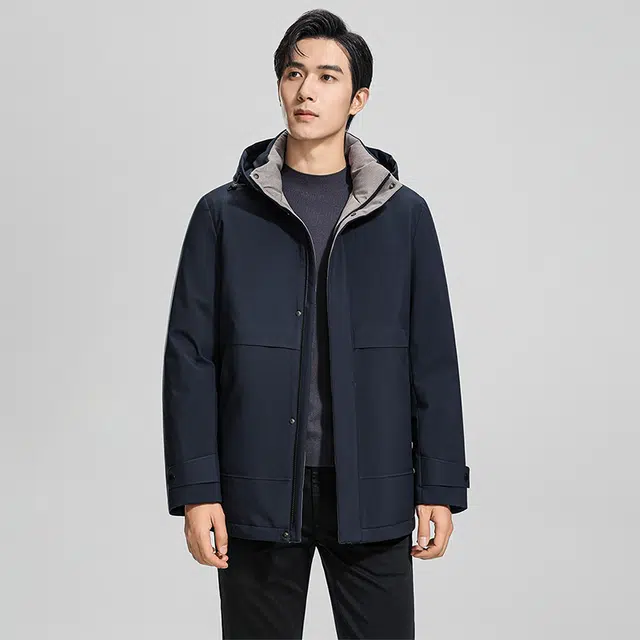 鸭鸭 纯色商务休闲连帽中长款羽绒服 男款 虾青色