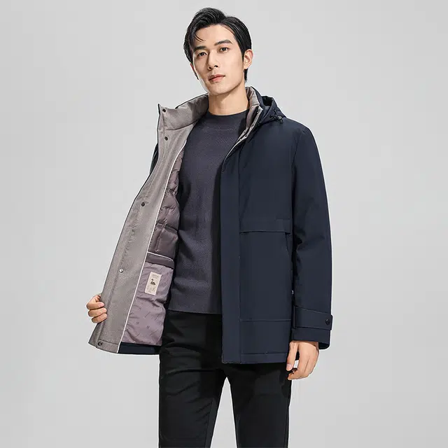 鸭鸭 纯色商务休闲连帽中长款羽绒服 男款 虾青色