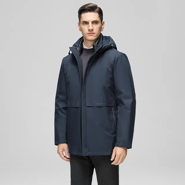 鸭鸭 薄款三合一中老年纯色商务休闲百搭拆卸帽户外防寒保暖工装风中长款羽绒服 男款