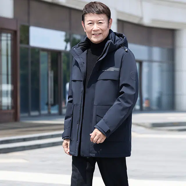 鸭鸭 鹅绒系列中老年爸爸装纯色商务休闲百搭拆卸连帽户外防寒保暖工装中长款羽绒服 男款