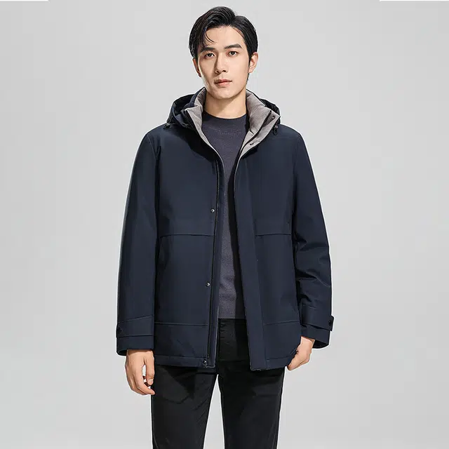 鸭鸭 纯色商务休闲连帽中长款羽绒服 男款 虾青色