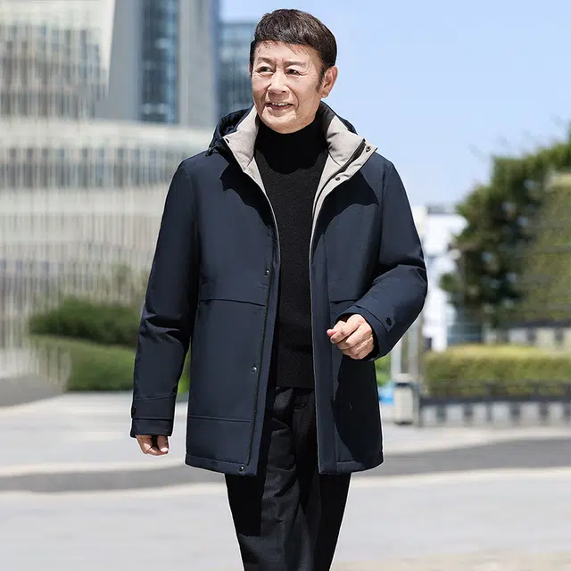 鸭鸭 中老年爸爸装纯色商务休闲百搭拆卸帽户外日常穿搭防寒保暖中长款羽绒服 男款