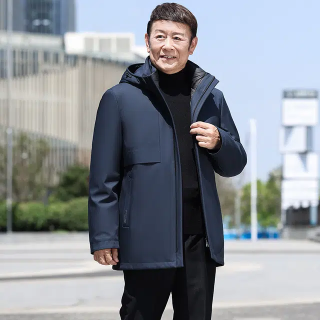 鸭鸭 鹅绒三合一系列 中老年爸爸装纯色商务休闲百搭拆卸帽中长款羽绒服 男款