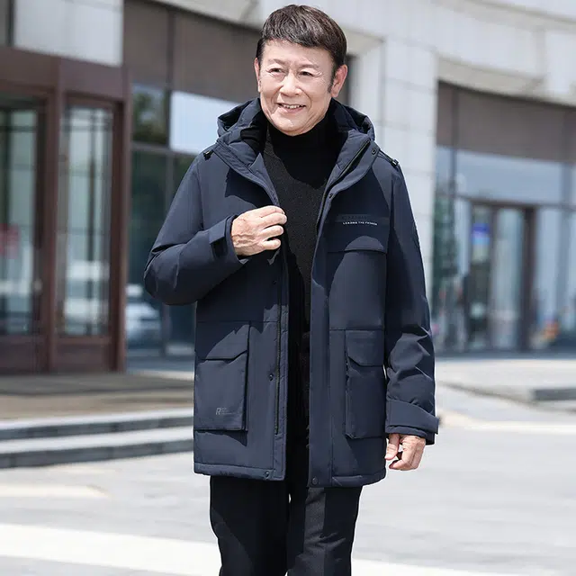 鸭鸭 鹅绒系列中老年爸爸装纯色商务休闲百搭拆卸连帽户外防寒保暖工装中长款羽绒服 男款