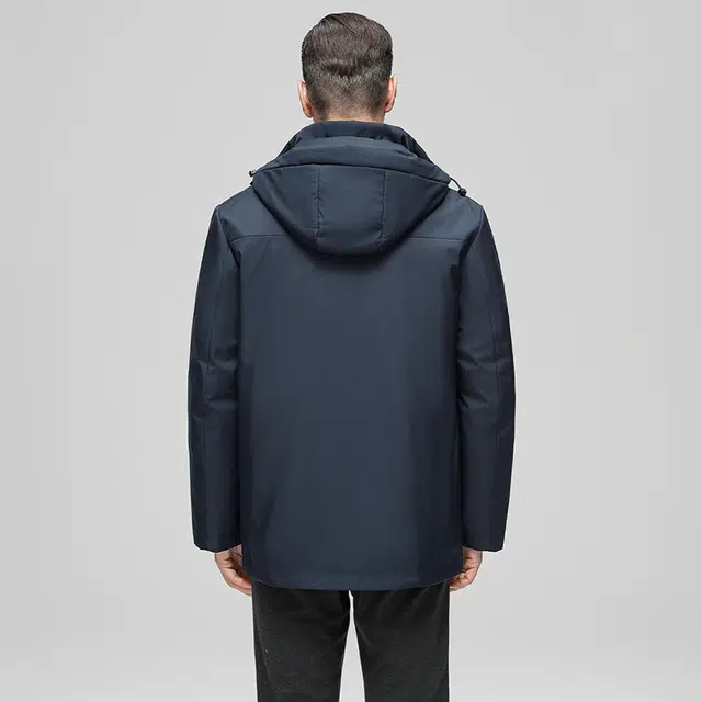 鸭鸭 薄款三合一中老年纯色商务休闲百搭拆卸帽户外防寒保暖工装风中长款羽绒服 男款