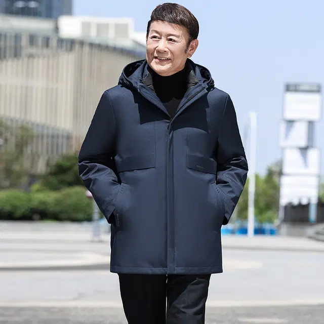 鸭鸭 鹅绒三合一系列 中老年爸爸装纯色商务休闲百搭拆卸帽中长款羽绒服 男款