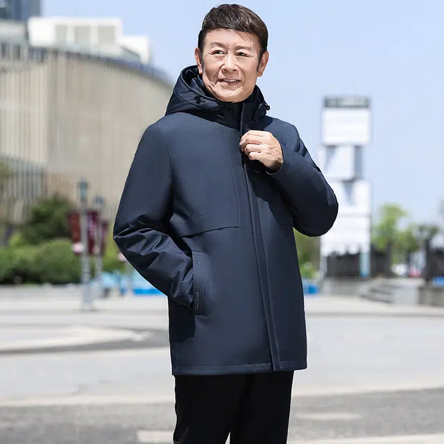 鸭鸭 鹅绒三合一系列 中老年爸爸装纯色商务休闲百搭拆卸帽中长款羽绒服 男款