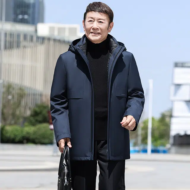 鸭鸭 鹅绒三合一系列 中老年爸爸装纯色商务休闲百搭拆卸帽中长款羽绒服 男款