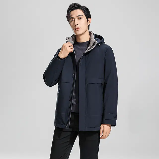 鸭鸭 纯色商务休闲连帽中长款羽绒服 男款 虾青色