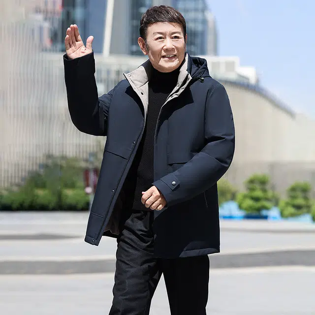 鸭鸭 中老年爸爸装纯色商务休闲百搭拆卸帽户外日常穿搭防寒保暖中长款羽绒服 男款