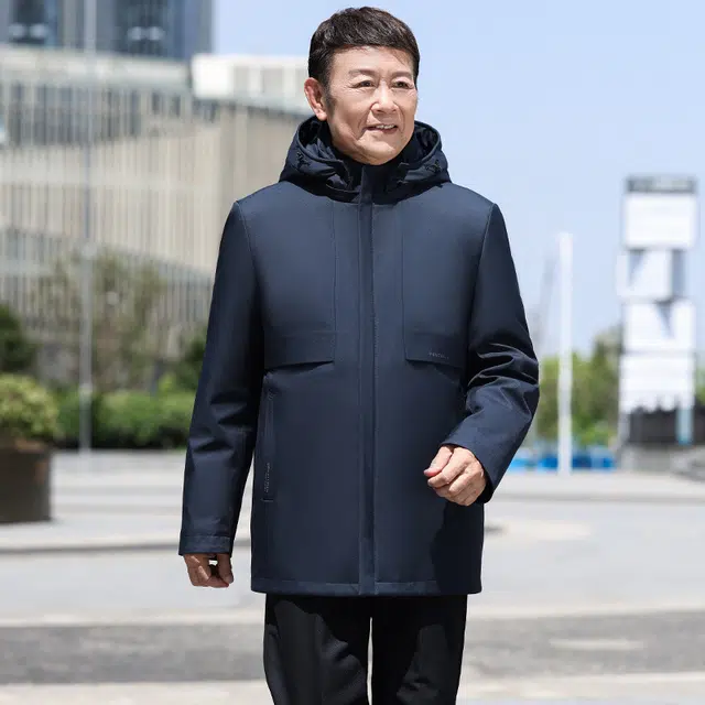鸭鸭 鹅绒三合一系列 中老年爸爸装纯色商务休闲百搭拆卸帽中长款羽绒服 男款