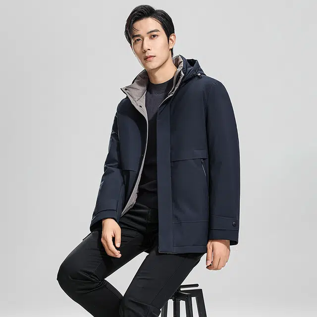 鸭鸭 纯色商务休闲连帽中长款羽绒服 男款 虾青色